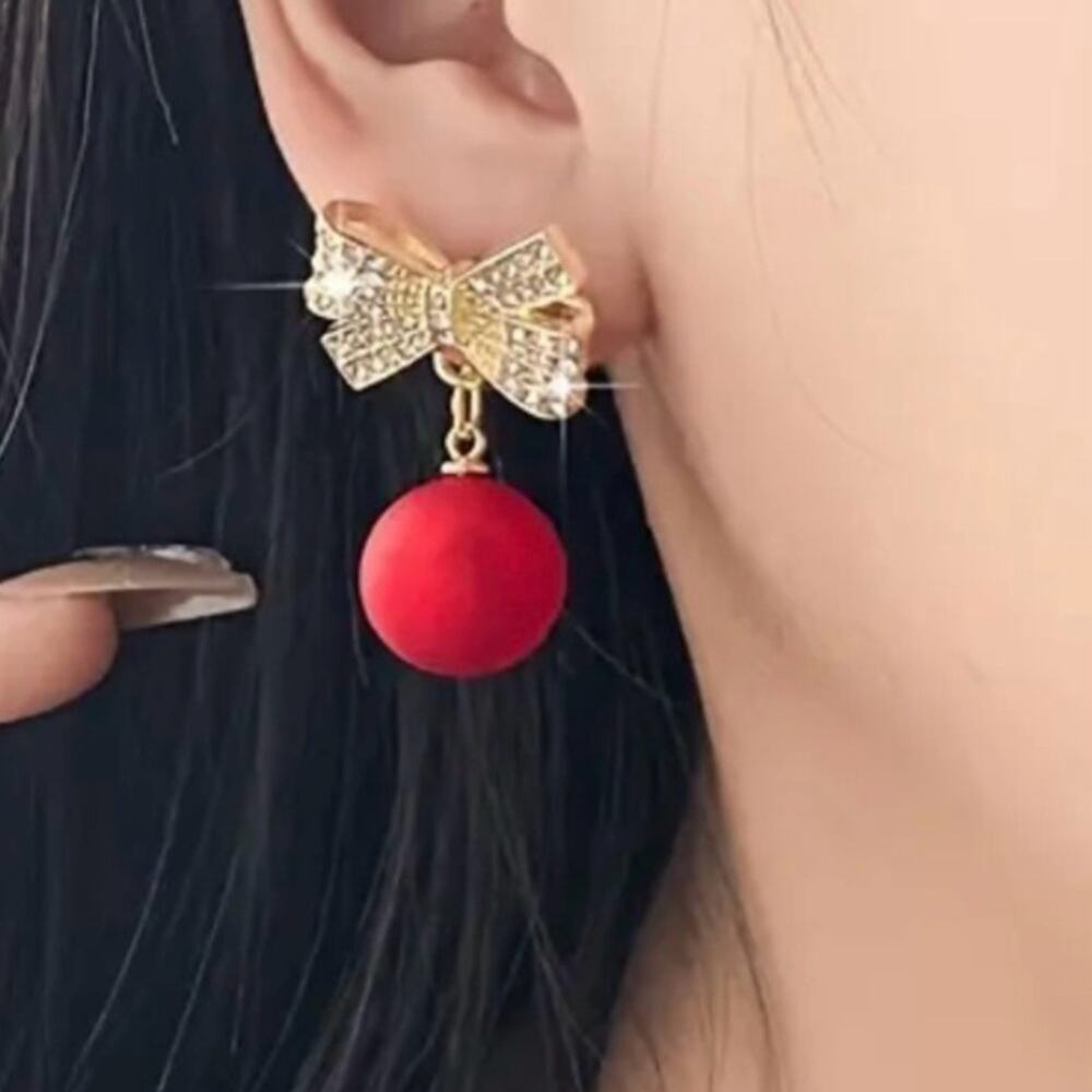 Bowknot Rhinestone Drop Dangle Fashion Earrings Red Balls Christmas Holidays